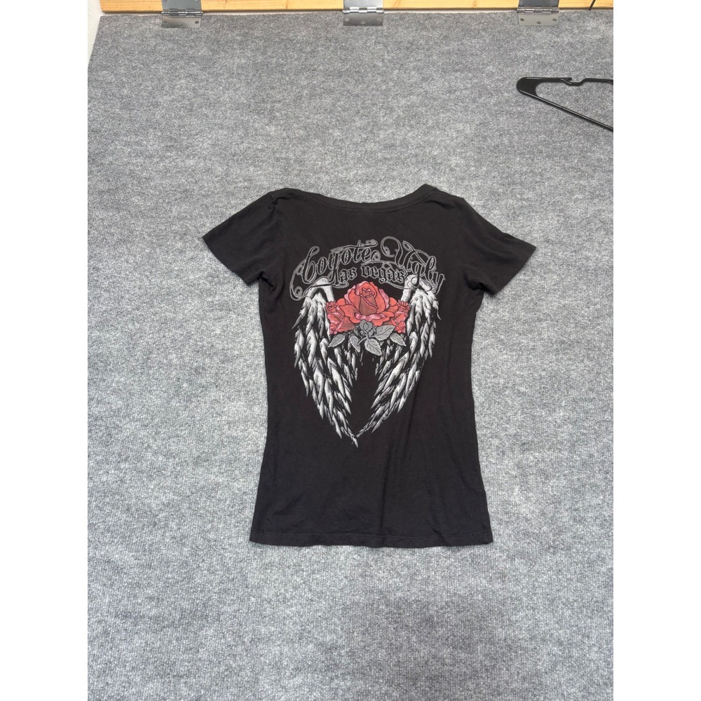 Coyote Ugly Las Vegas Graphic T-Shirt Black Wings Rose Women Size M Distressed